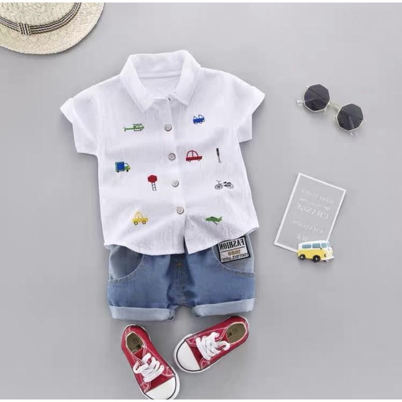 Bộ Áo Sơ Mi ô Tô Mix Quần Soocs Jeans 2 Màu Cho Bé - Nhà Cam
