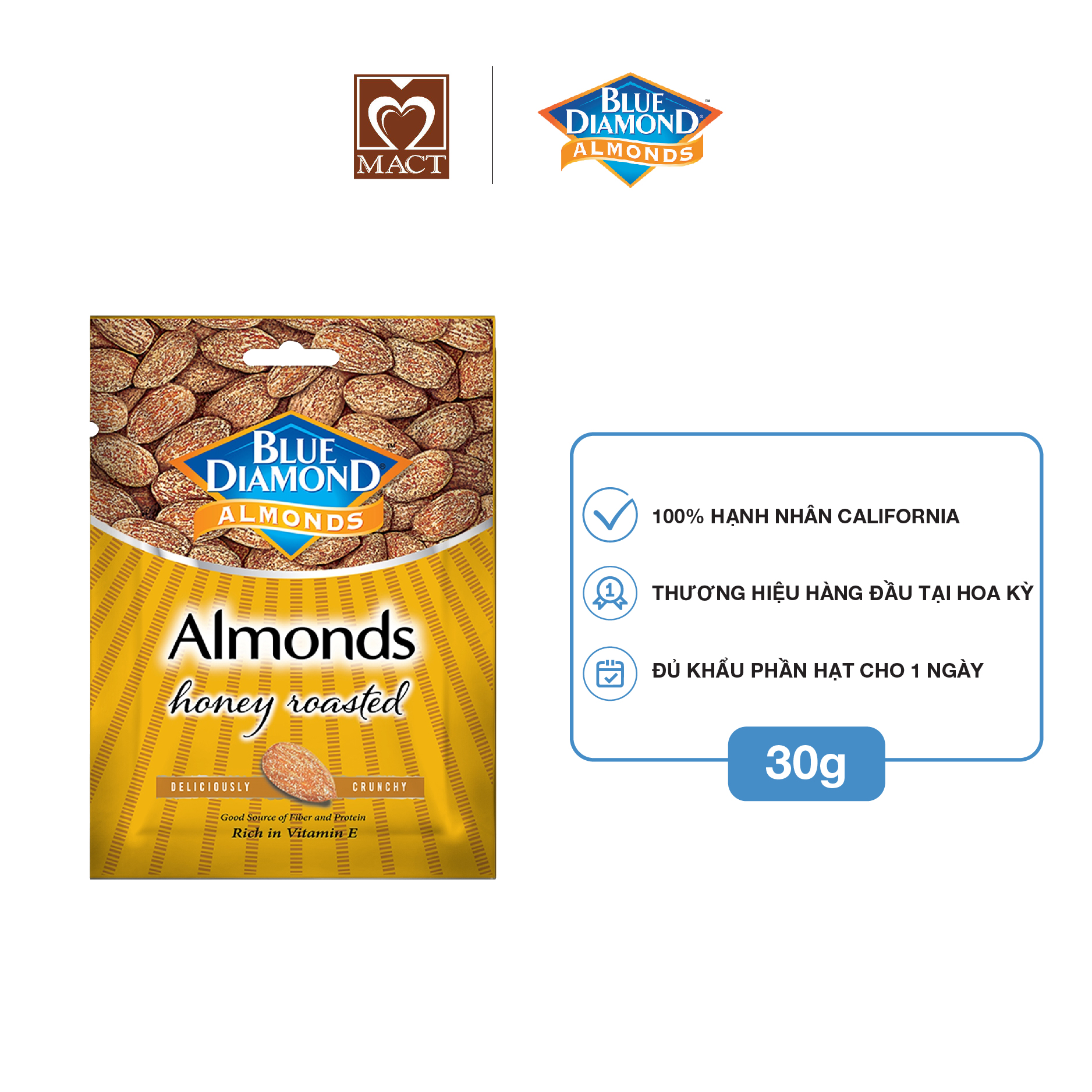Hạnh nhân BLUE DIAMOND - Vị mật ong Honey Roasted - túi 30g
