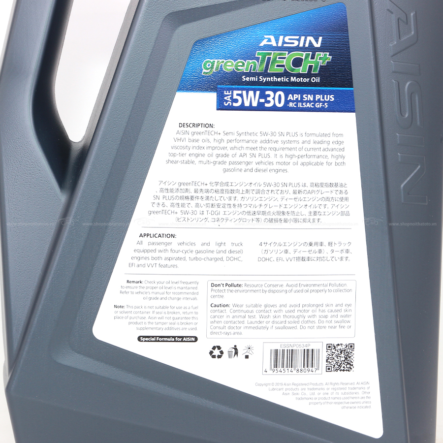 Nhớt Động Cơ AISIN ESSNP0534P 5W-30 SN Plus greentech+ Semi Synthetic 4L