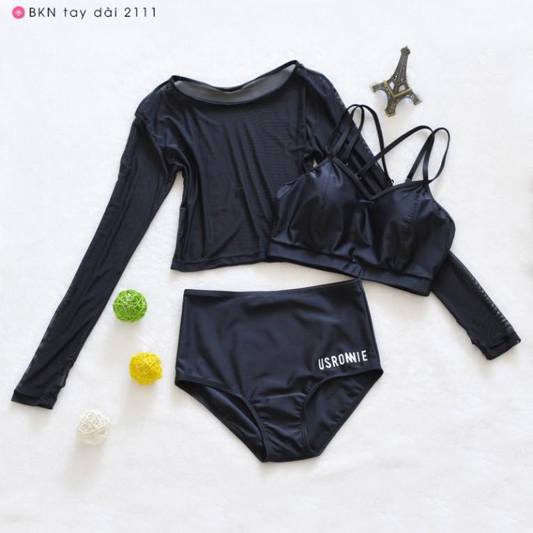 Bikini 3 mảnh dài tay Bộ bơi nữ áo lưới tay dài quần cạp cap sang chảnh