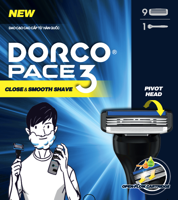 Bộ Dao Cạo Râu 3 Lưỡi Dorco Pace 3 Gồm 1 Cán 9 Đầu Cạo