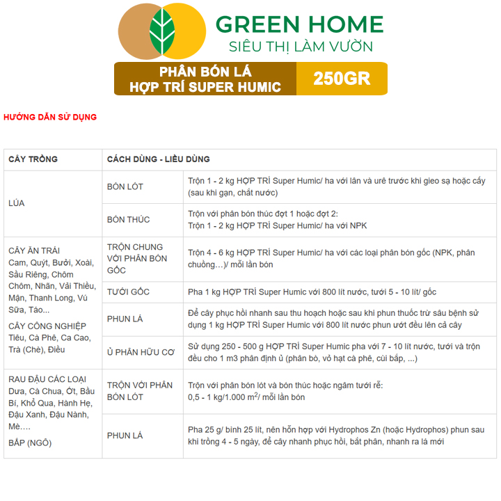 Phân Bón Lá Hợp Trí Super Humic GreenHome, Gói 250gr, Rễ Mạnh, Cây Khỏe, Đất Tơi Xốp, Phì Nhiêu