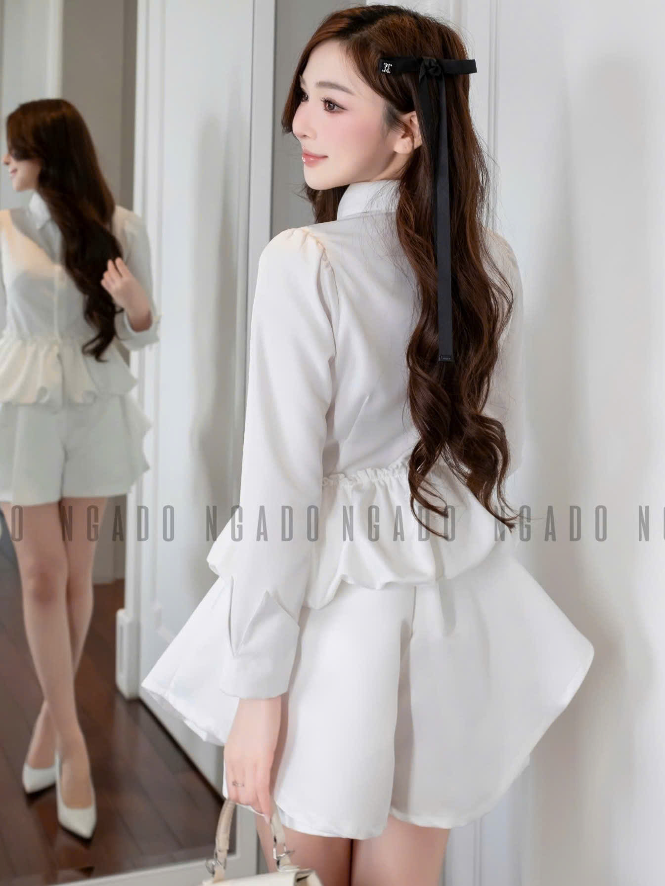 Áo sơ mi trắng tay dài bo eo NGADO , áo kiểu , áo sơ mi