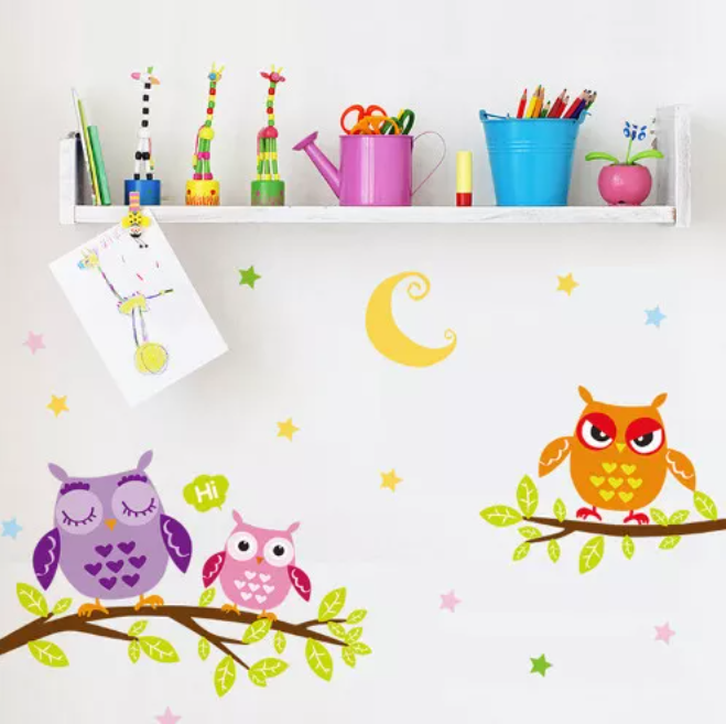 Decal trang trí tường - Gia đình 3 chú cú mèo