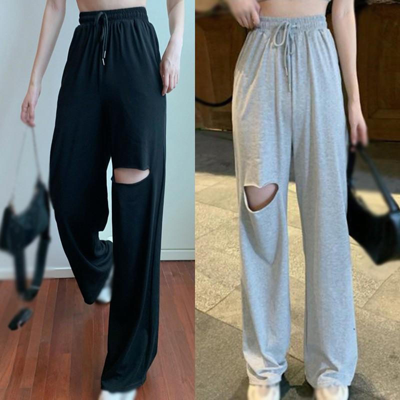 Quần Thể Thao Ống Rộng Phối Rách Cá Tính Theo Phong Cách Hàn Quốc