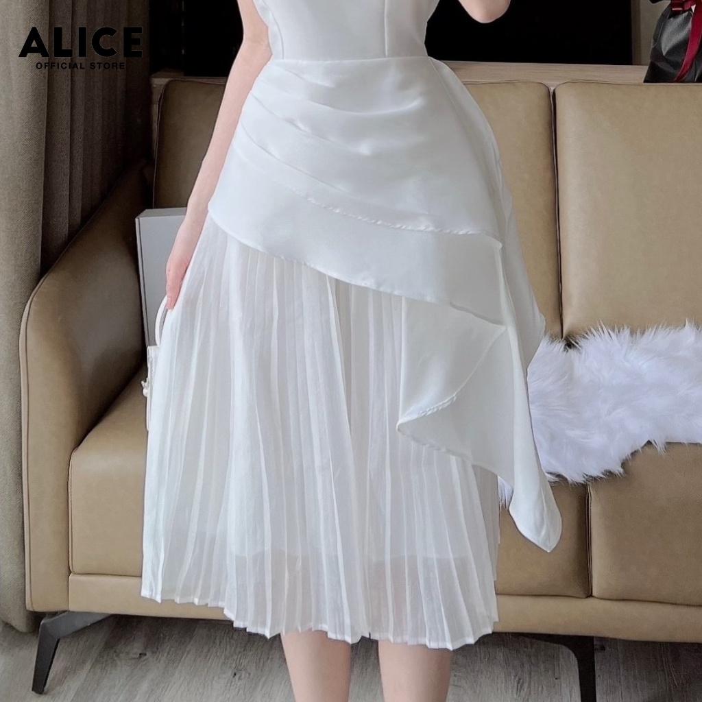 Váy Trắng Tiểu Thư Cổ Vuông ALICE Chất Vải Tafta Cao Cấp Phối Tơ Thiết Kế Tay Cánh Tiên Phối Dập Ly V790