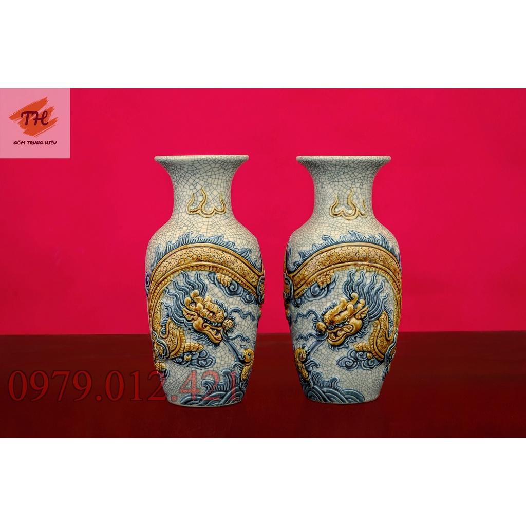 Đôi lộc bình men rạn đắp nổi Rồng cao cấp Bát Tràng cao 26cm