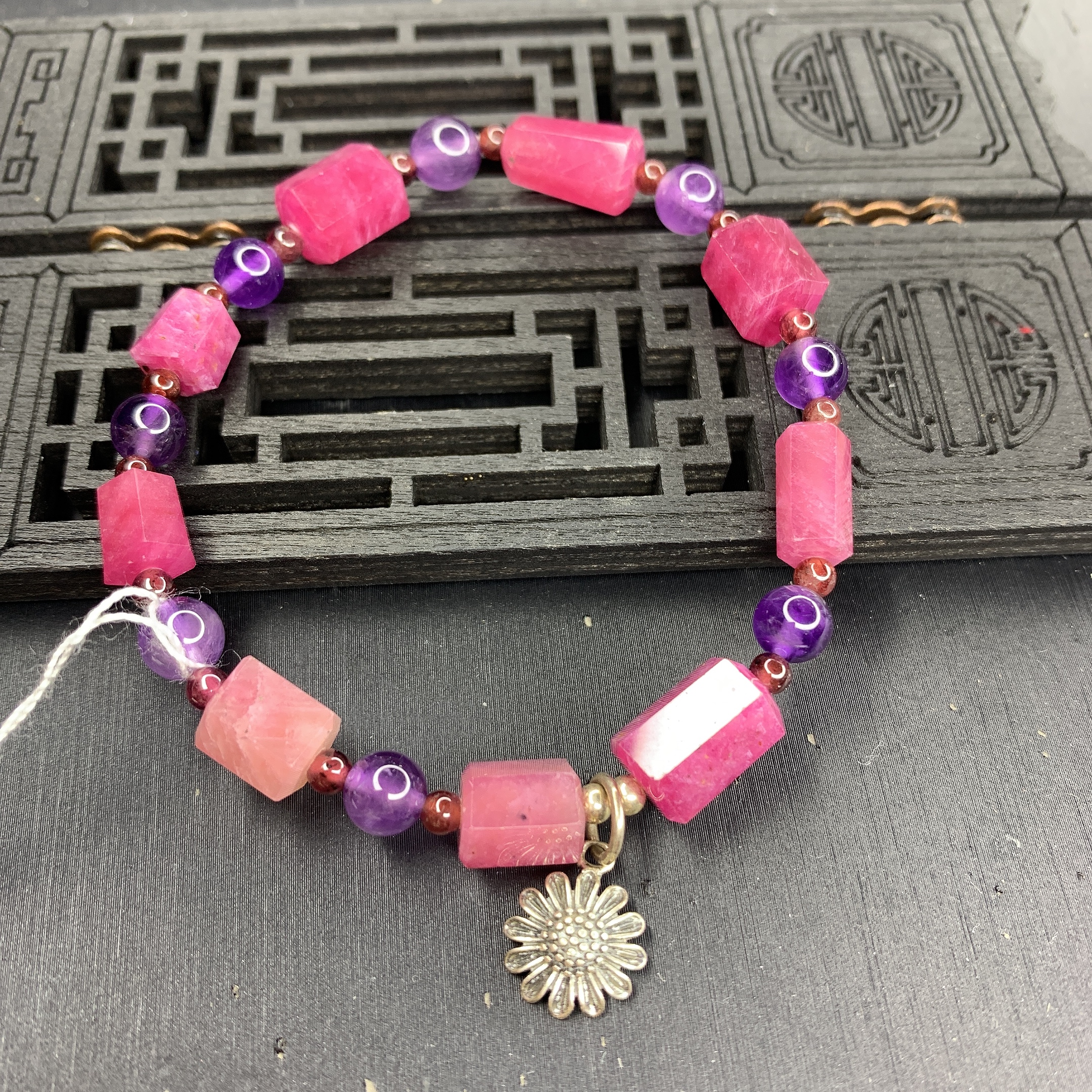 Chuỗi đá phong thủy Ruby kết hợp thạch anh tím và ngọc hồng lựu, bạc 925