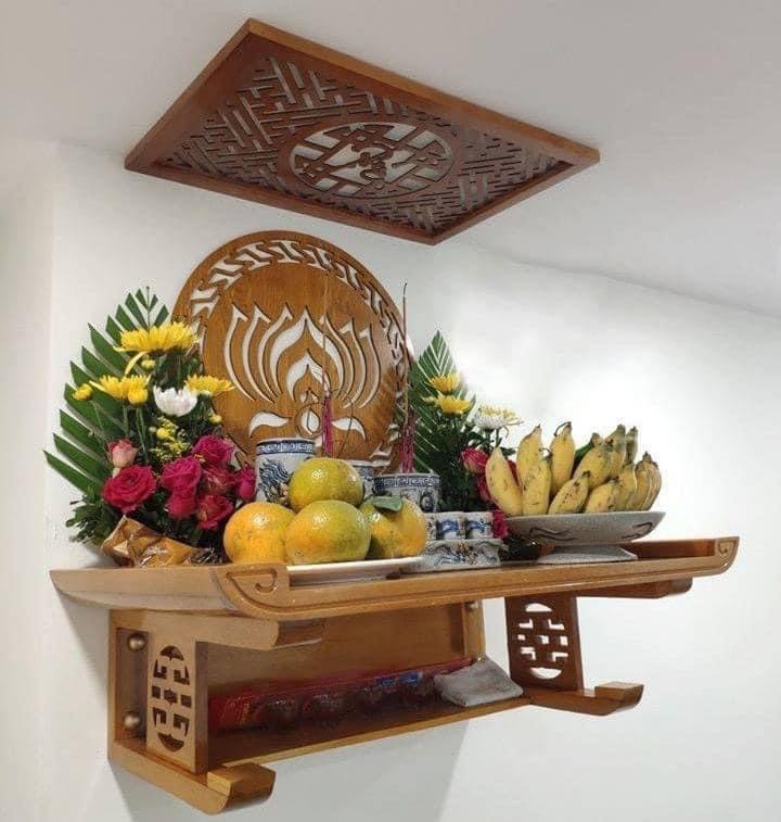 Bàn thờ treo gỗ sồi 69cm full bộ 3 món