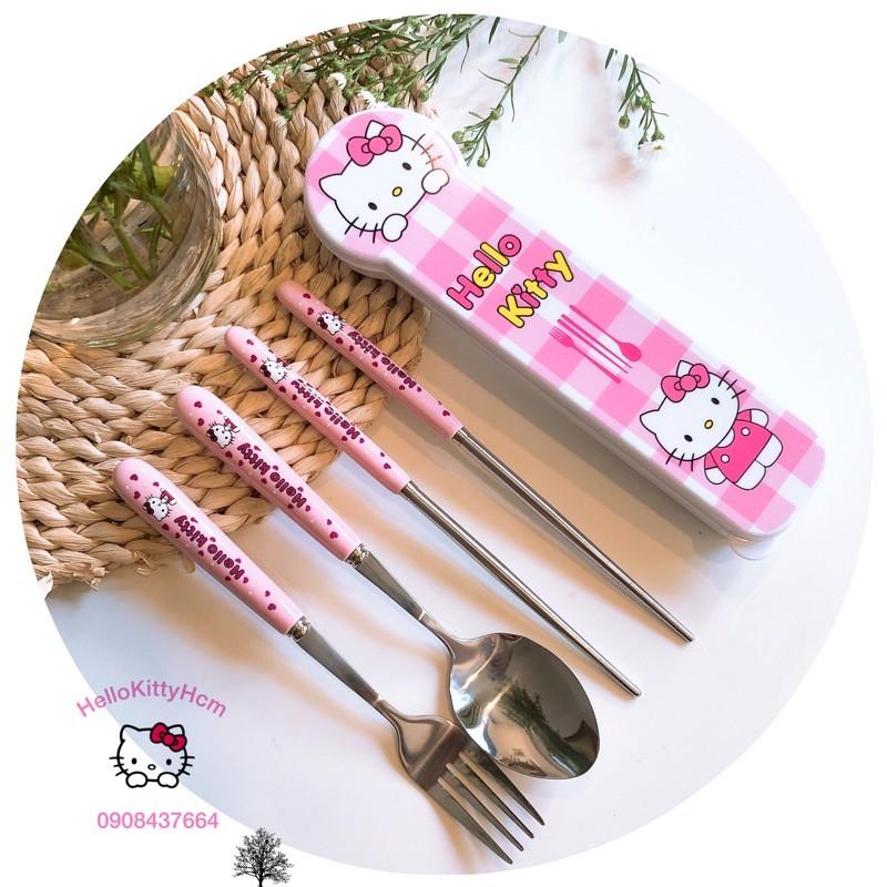 Bộ muỗng nĩa inox cán sứ có hộp HelloKitty