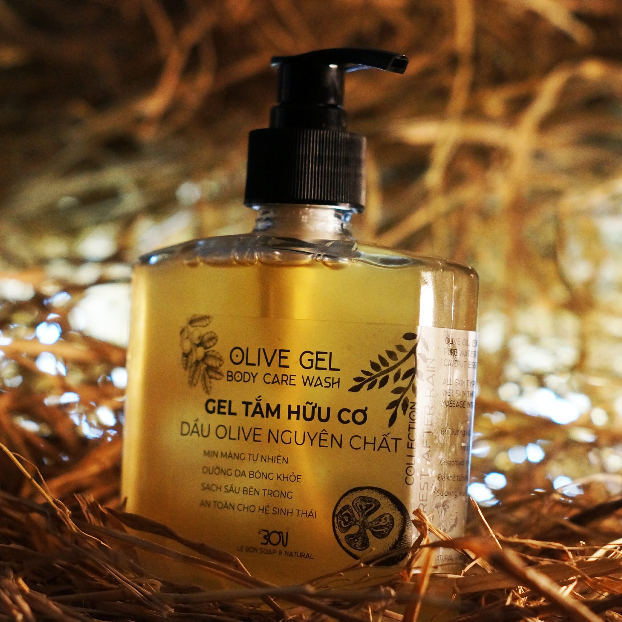 Olive Gel Body Wash, Gel tắm hữu cơ Olive oil Le Bon Soap and Natural 250ml chai thủy tinh, sản phẩm tắm lành tính với dầu nền thực vật. Dòng tinh dầu Forest After Rain Collection thuần thiên nhiên