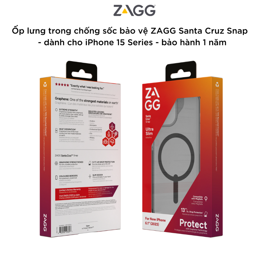 Ốp lưng trong chống sốc bảo vệ ZAGG Santa Cruz Snap, có Snap tương thích sạc không dây cho iPhone 15 Series - Hàng chính hãng
