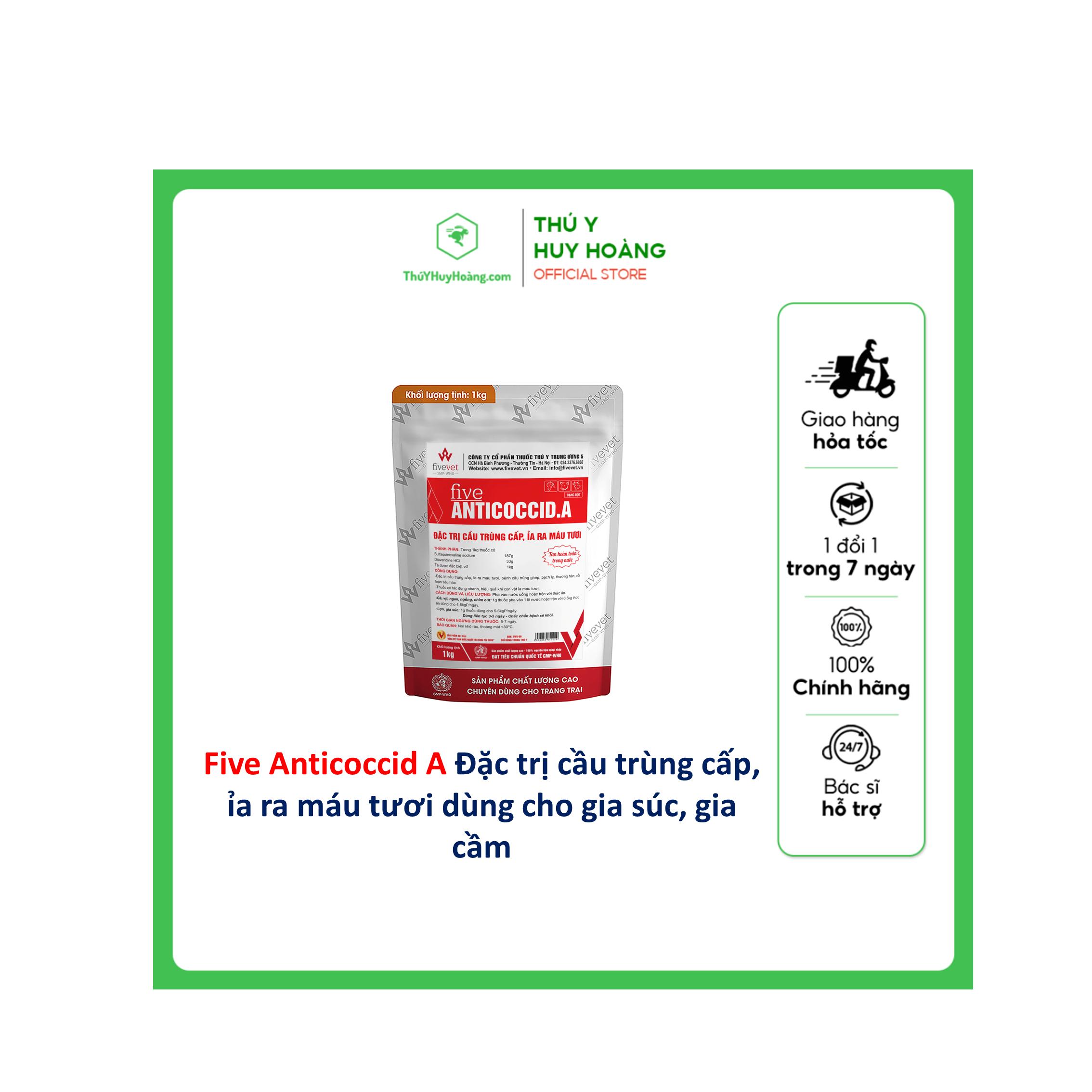 Thuốc bột Five Anticoccid.A Đặc t.rị cầu trùng cấp, ỉa ra máu tươi