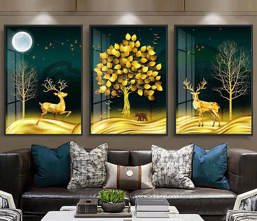 Tranh Tráng Gương Treo Tường Cao Cấp - Cây Lá Vàng Và Cặp Hươu
