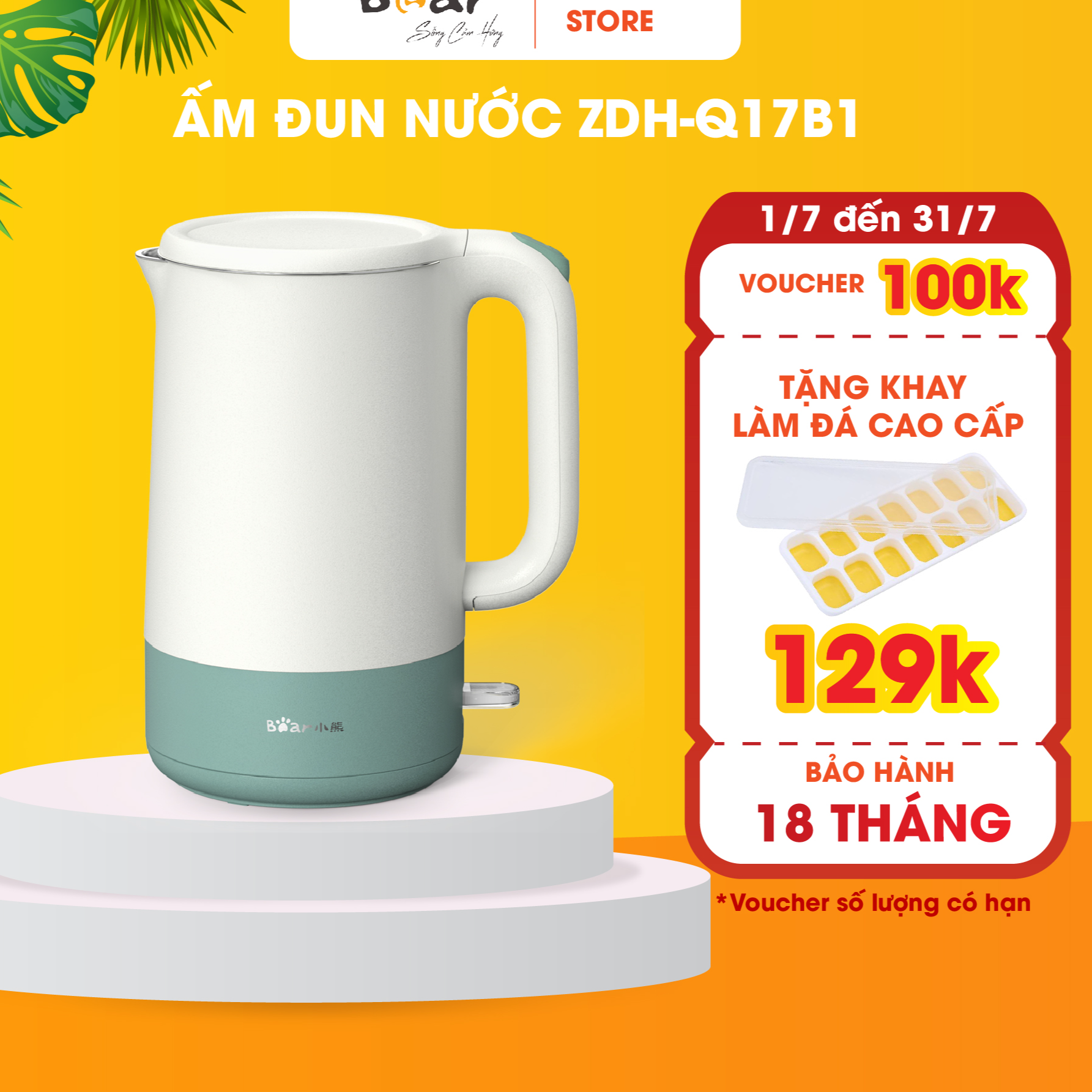 Ấm Siêu Tốc 1,7L Bear Công Suất Lớn, Bình Đun Nước Nóng Nhanh Pha Trà, Bền Bỉ ZDH-Q17B1 - Hàng Chính Hãng