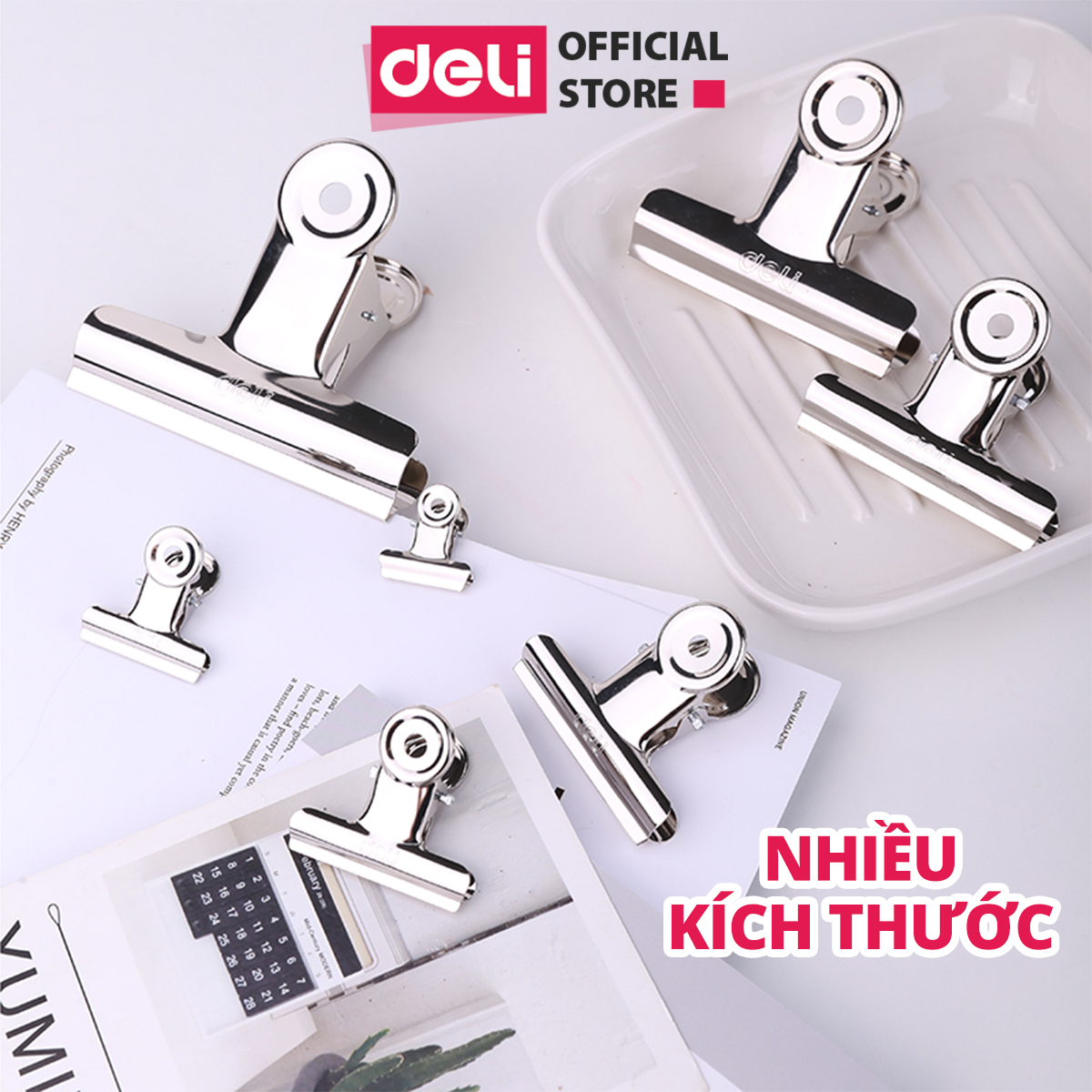 Set 6 chiếc kẹp bướm, Kẹp kim loại đuôi tròn Deli, Kẹp giấy tài liệu văn phòng 19mm 29mm 38mm 51mm