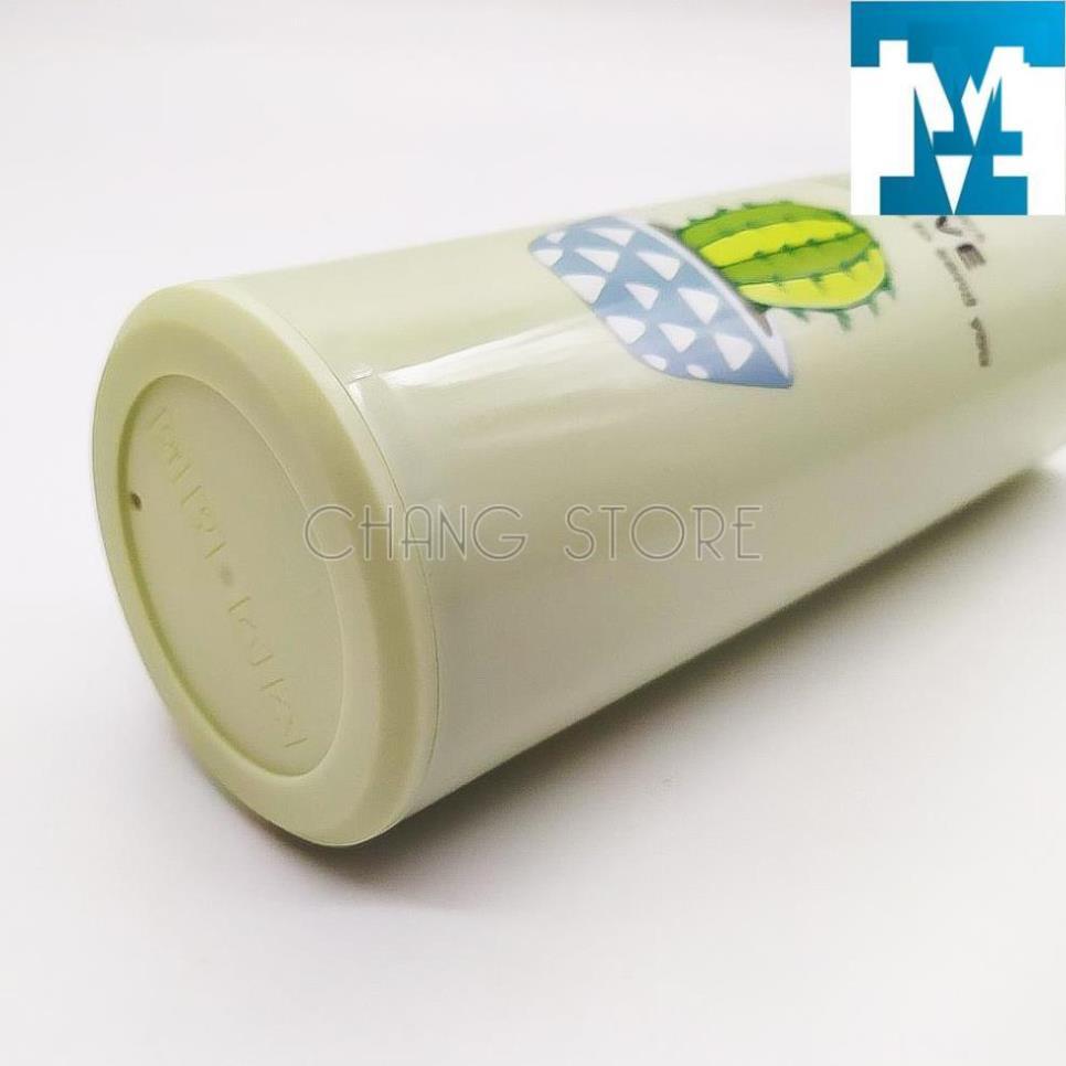 Bình Giữ Nhiệt Thủy Tinh Bọc Nhựa Lúa Mạch 450ml Họa Tiết Xương Rồng, Chống Va Đập, Có Dây Xách Tiện Dụng