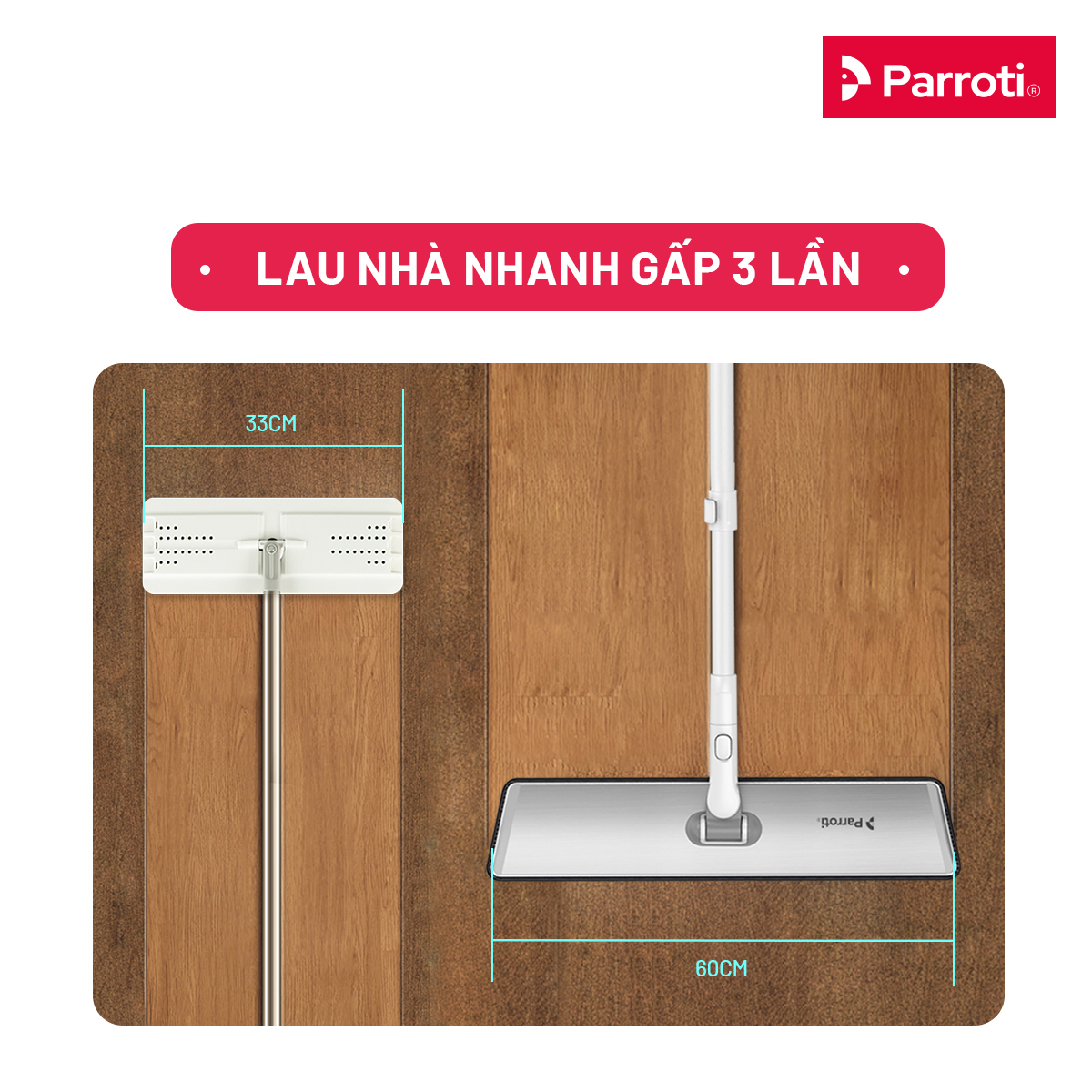 Cây lau nhà, chổi lau nhà đa năng cỡ lớn, độ dài cán linh hoạt, bàn lau rộng 60cm Parroti MAX MX02