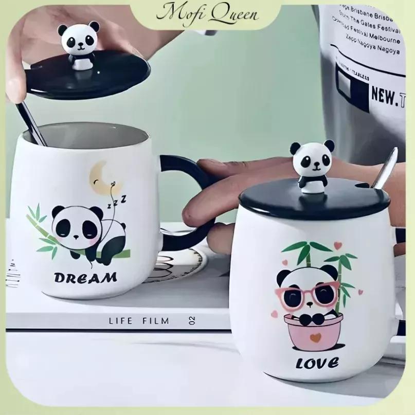 Cốc sứ trắng uống cà phê, Ly sứ có nắp, Quà lưu niệm, cute kèm muỗng và nắp hình gấu panda đáng yêu 450ml