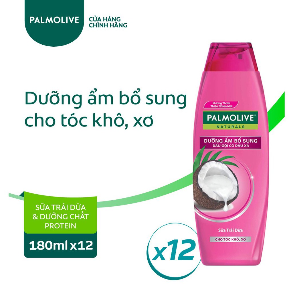 Bộ 12 Dầu gội có dầu xả Palmolive Dưỡng Ẩm bổ sung từ sữa dừa 180ml/chai