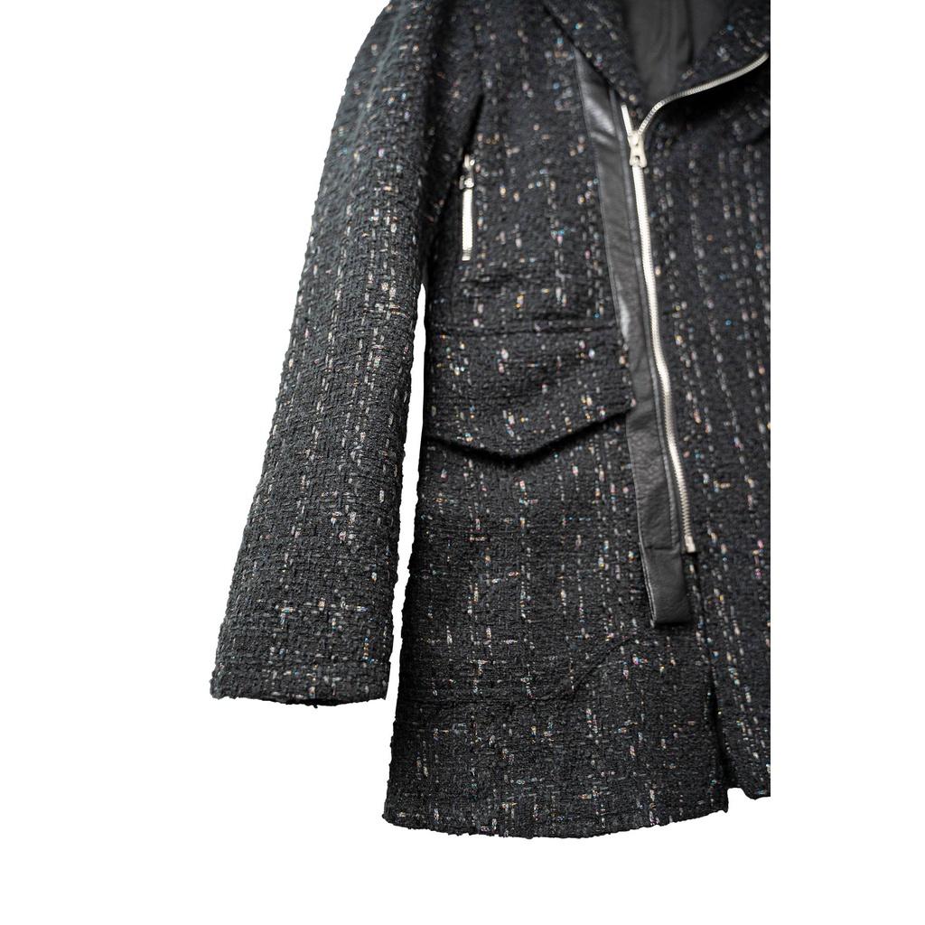 Áo khoác nam 12.DESTINY chi tiết khoá viền vải da dáng măng tô chất liệu dạ tweed màu đen