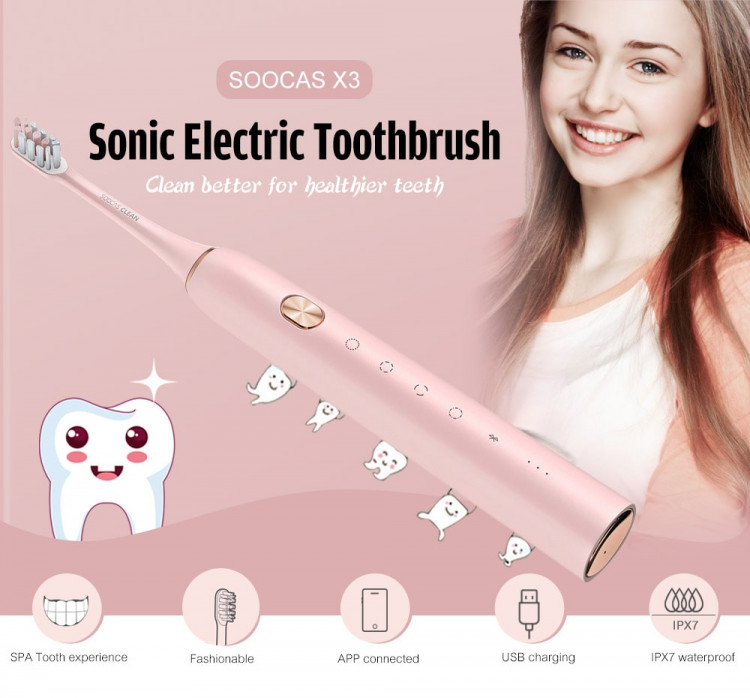 SOOCAS X3 USB Rechargeable Sonic Electric Toothbrush IPX7 Waterproof with 4 Brushing Modes from Xiaomi youpin- Pink Bubblegum