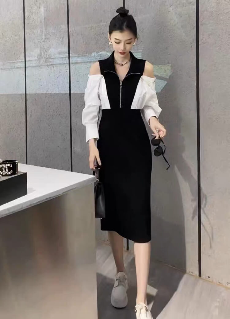 Đầm rớt vai khóa kéo