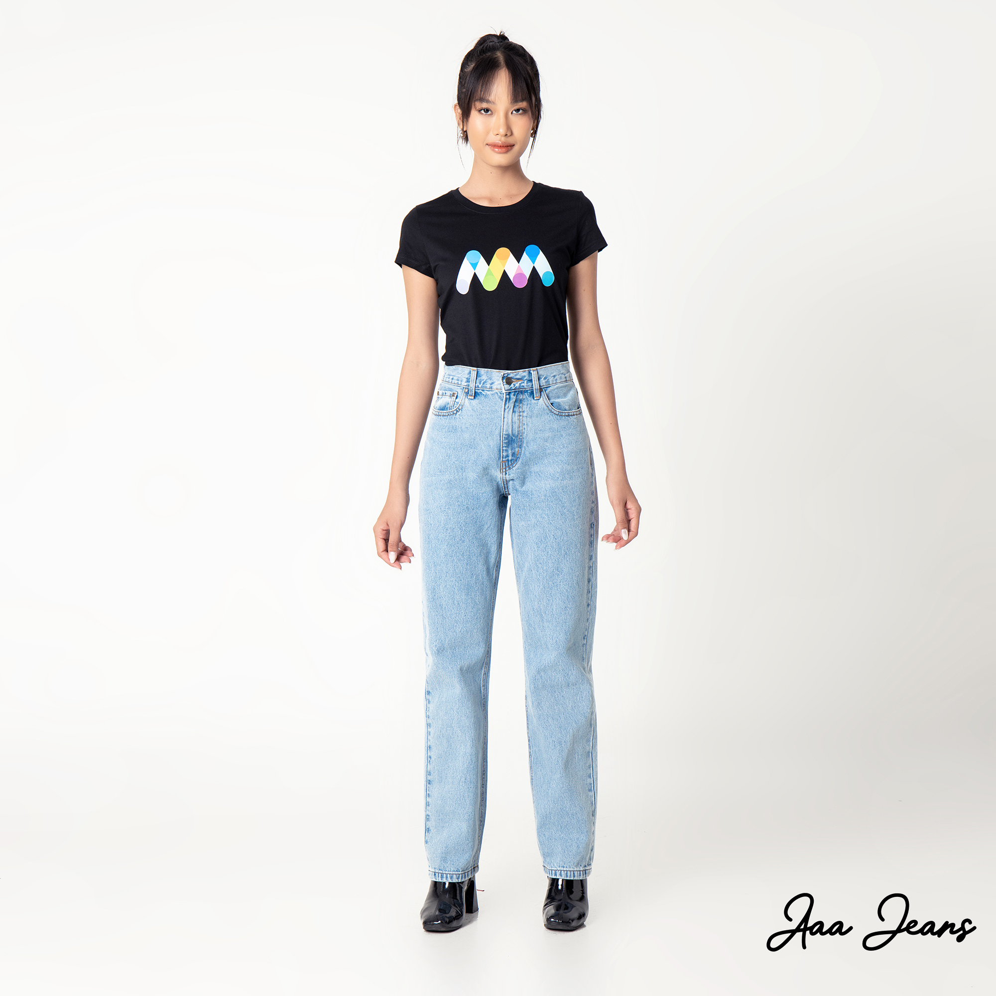 Quần jeans nữ ống đứng slim fit lưng cao Aaa Jeans