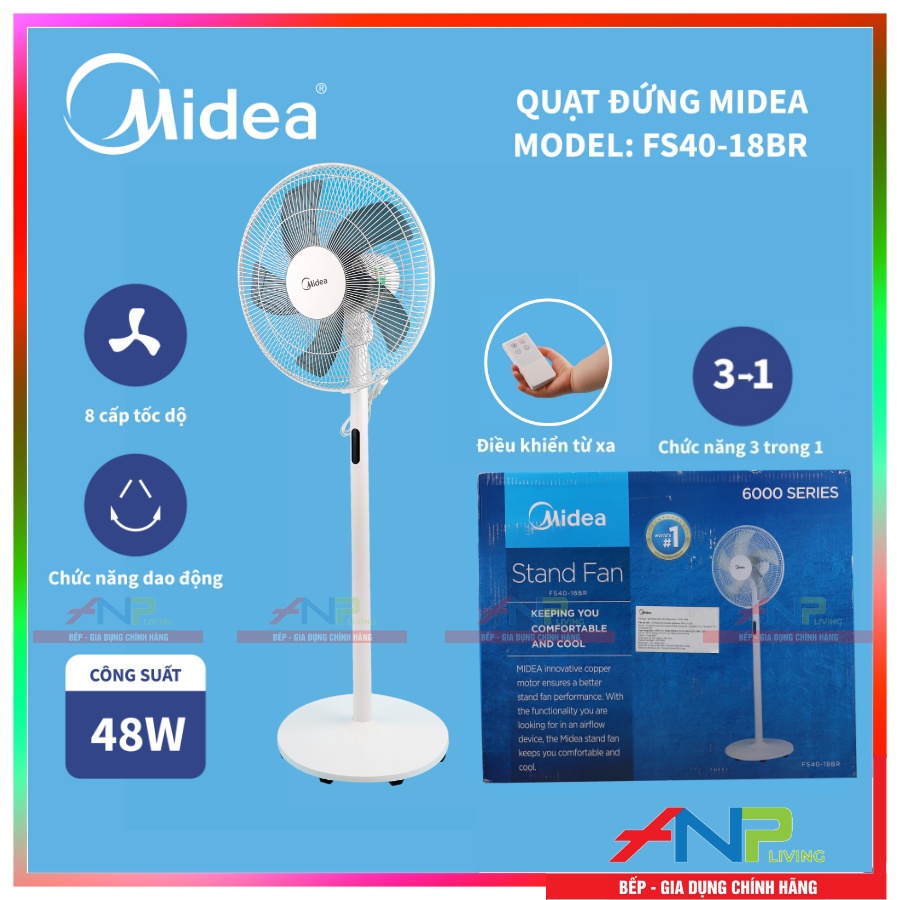 Quạt Đứng 5 Cánh Midea FS40-18BR (Động cơ inverter Công Suất 48W - 8 Cấp Gió - Màn hình LED - Có Điều Khiển Từ Xa) - Hàng Chính Hãng