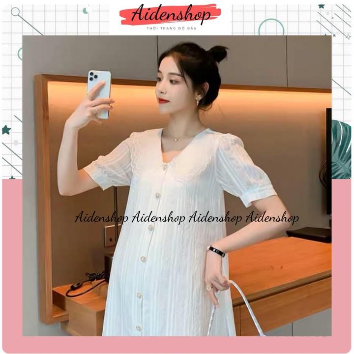 Váy bầu thiết kế Aidenshop đầm bầu mùa hè công sở dáng suông thời trang màu trắng sau sinh VB2