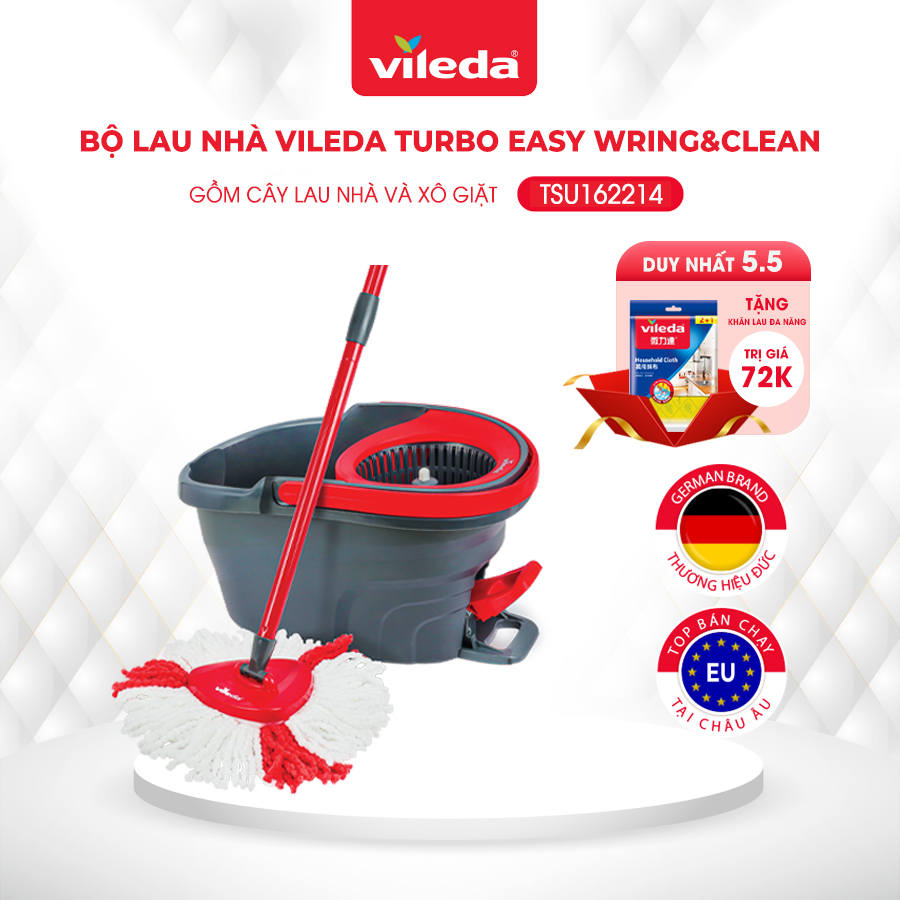 Cây lau nhà VILEDA Turbo Easy Wring&amp;Clean đầu lau tam giác, gồm xô giặt và cây lau nhà - TSU162214