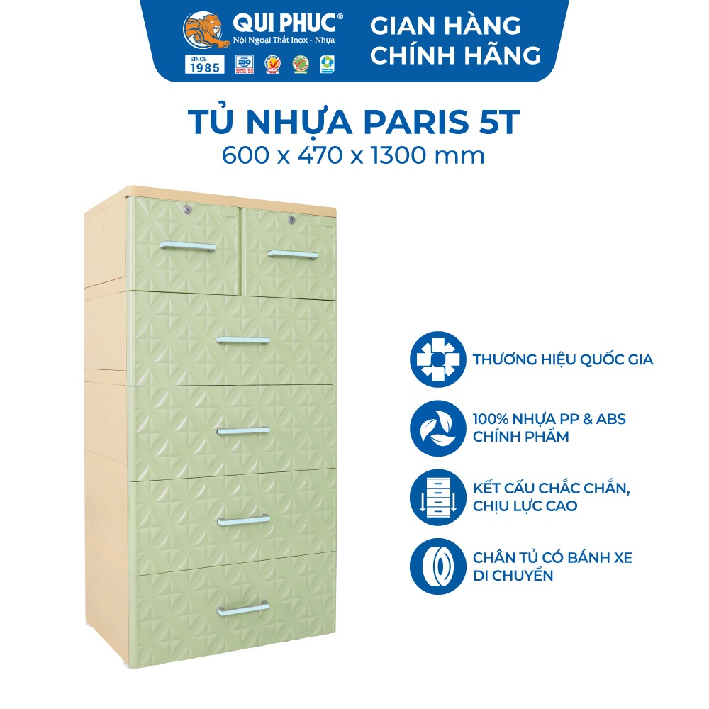 [Chính hãng Qui Phúc] Tủ nhựa 5 tầng PARIS 100% nguyên liệu nhựa chính phẩm, họa tiết nổi 3D độc đáo