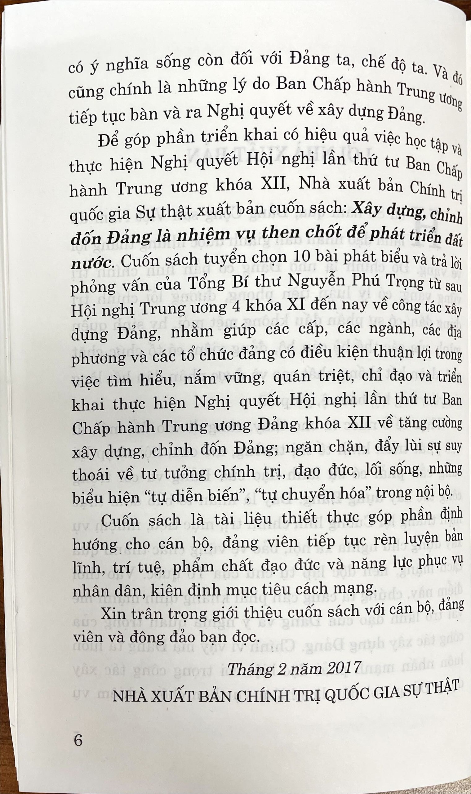 Xây dựng chỉnh đốn Đảng là nhiệm vụ then chốt để phát triển Đất nước