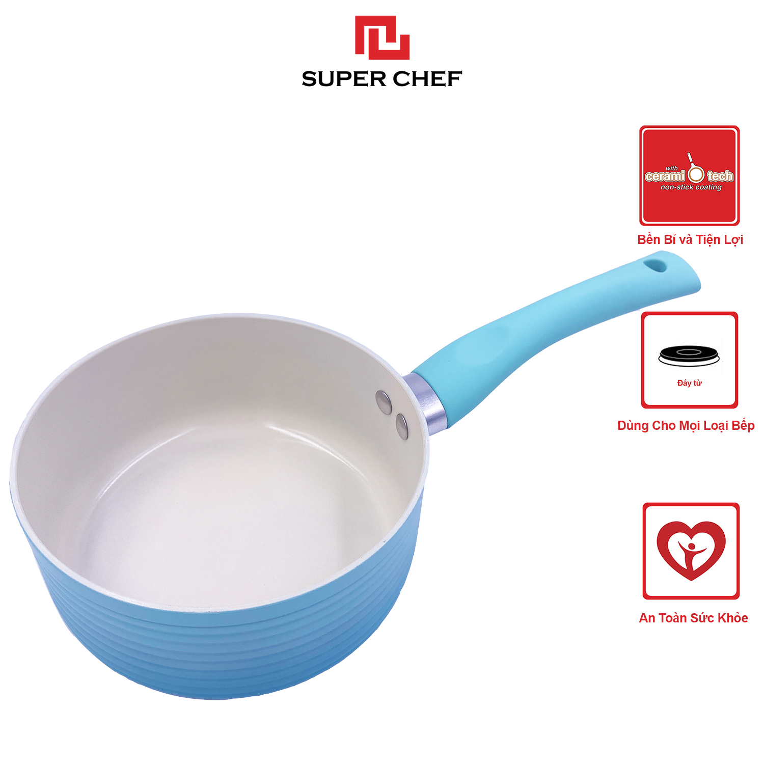 Nồi Cán Dài/ Quánh Ceramic Đáy Từ Chef Blue Cao Cấp An Toàn Sức Khỏe, Thiết Kế Mới, Siêu Bền Bỉ Không Bong Tróc, Hạn Chế Trầy Xước Size 16cm