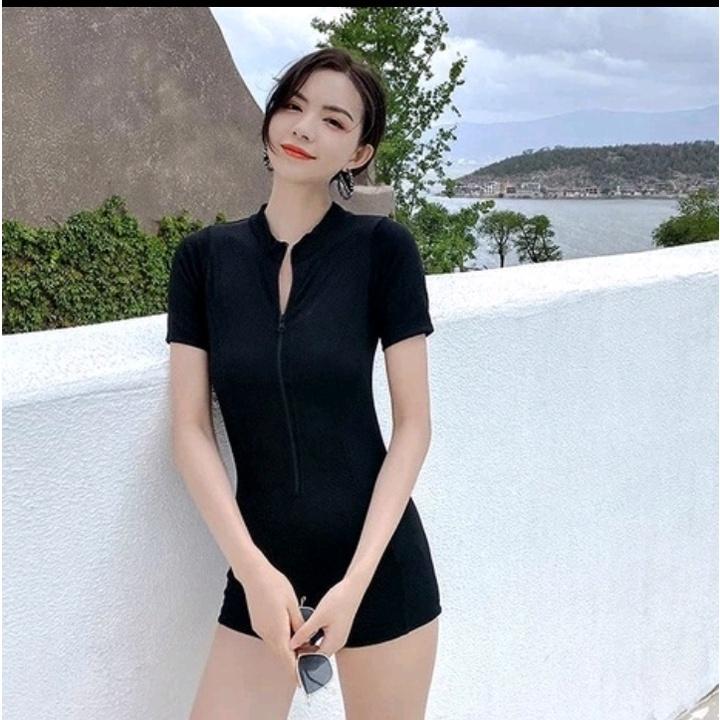 Đồ bơi nữ bikini đi biển có tay khóa kéo màu đen form shost sành điệu kín đáo | LM015