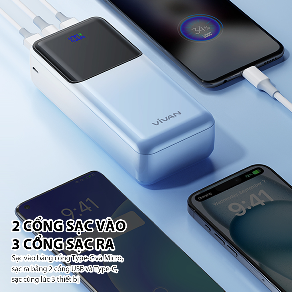 Pin Dự Phòng Sạc Nhanh VIVAN Dung lượng 30.000 mAh Sạc nhanh 22.5W QC3.0 &amp; PD 2 cổng sạc vào 3 cổng sạc ra VPB-D30 BH 12 THÁNG - HÀNG CHÍNH HÃNG