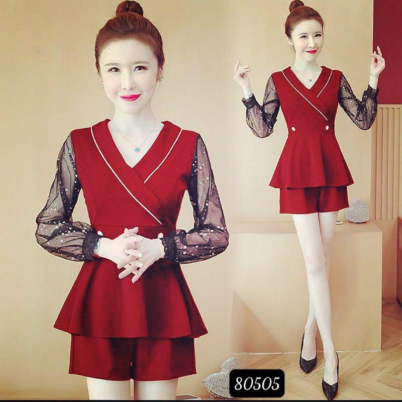 Sét bộ đồ nữ cổ vest tay dài phối lưới hoa xinh xắn size từ 40-70kg