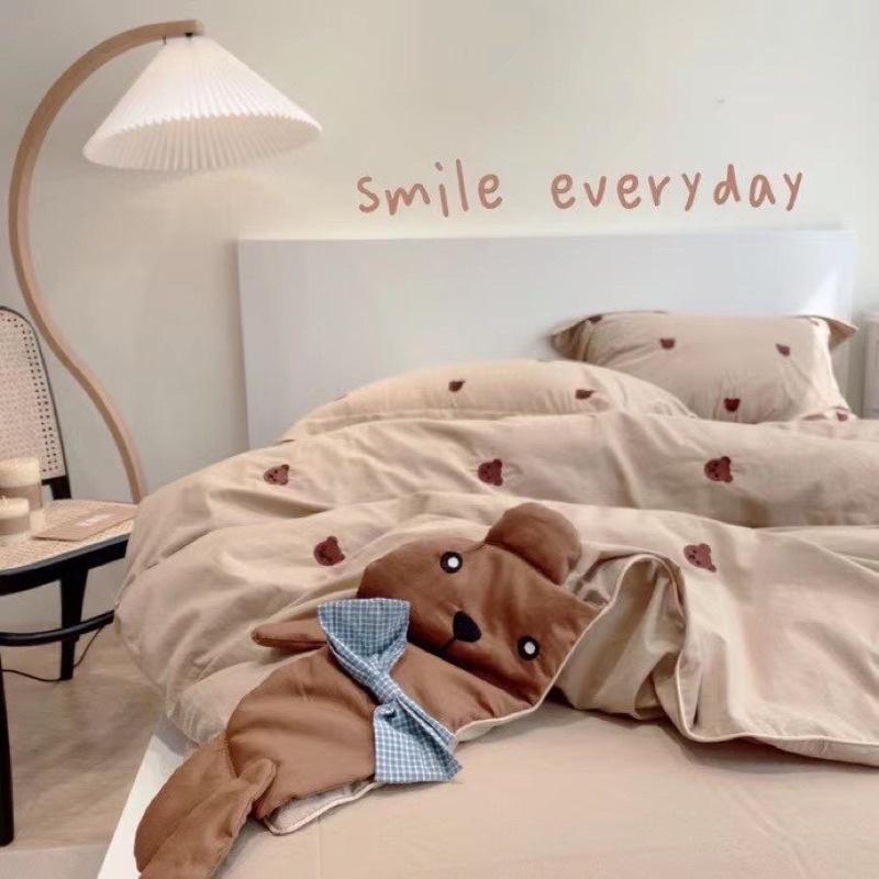 Bộ Chăn Ga Gối Cotton Hữu Cơ Hàng Nhập Khẩu Cao Cấp 4 Món Gấu Teddy Nơ