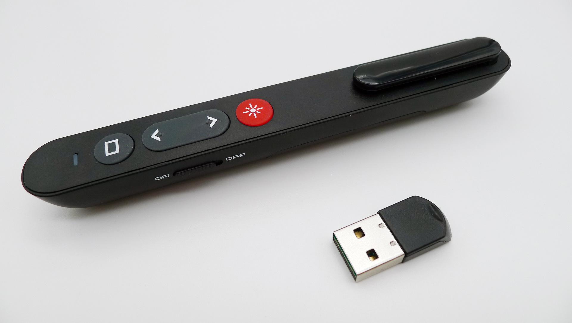 Người trình bày, Điều khiển từ xa PowerPoint 2,4 GHz thông qua máy thu USB, con trỏ màu đỏ cho các bài thuyết trình với CLIP PEN, Trình bày điều khiển từ xa cho Windows/Mac OS/Android/Linux/Keynote/PPT