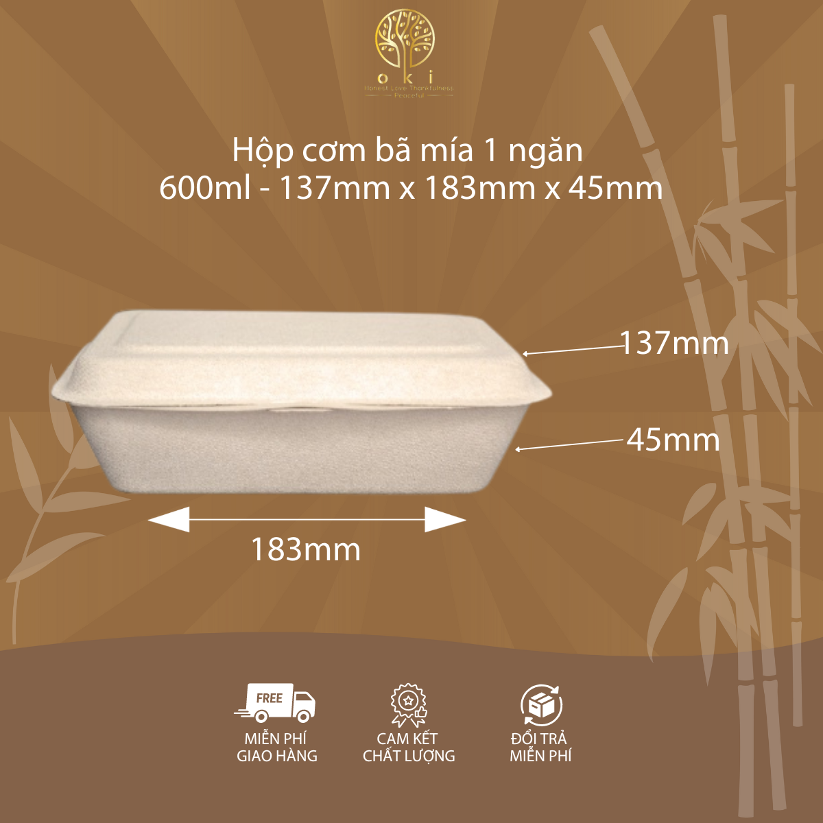 Hộp cơm bã mía 1 ngăn - 600ml - 137mm x 183mm x 45mm - Tiện lợi, thân thiện với môi trường