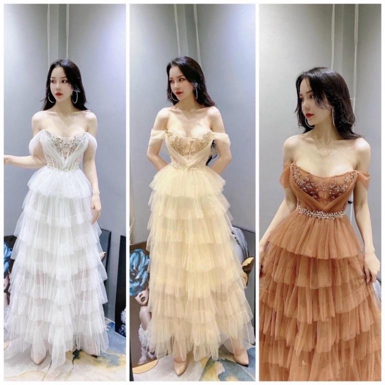 Đầm maxi ivy fashion xếp tầng trễ vai lưới kết đá pha lê - size S/M/L - MS237V đi biển dự tiệc dạo phố bigsize gợi cảm s