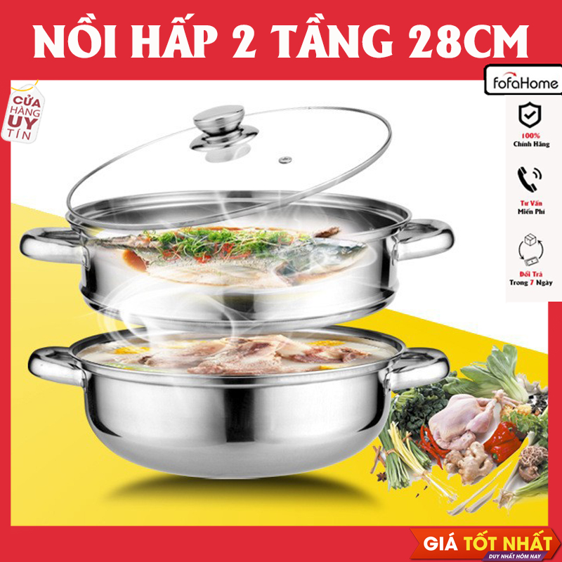 Nồi Hấp 2 Tầng Kèm Xưởng Hấp Đa Năng 28cm Nắp Kính, Nổi Lẩu Dẫn Nhiệt Tốt