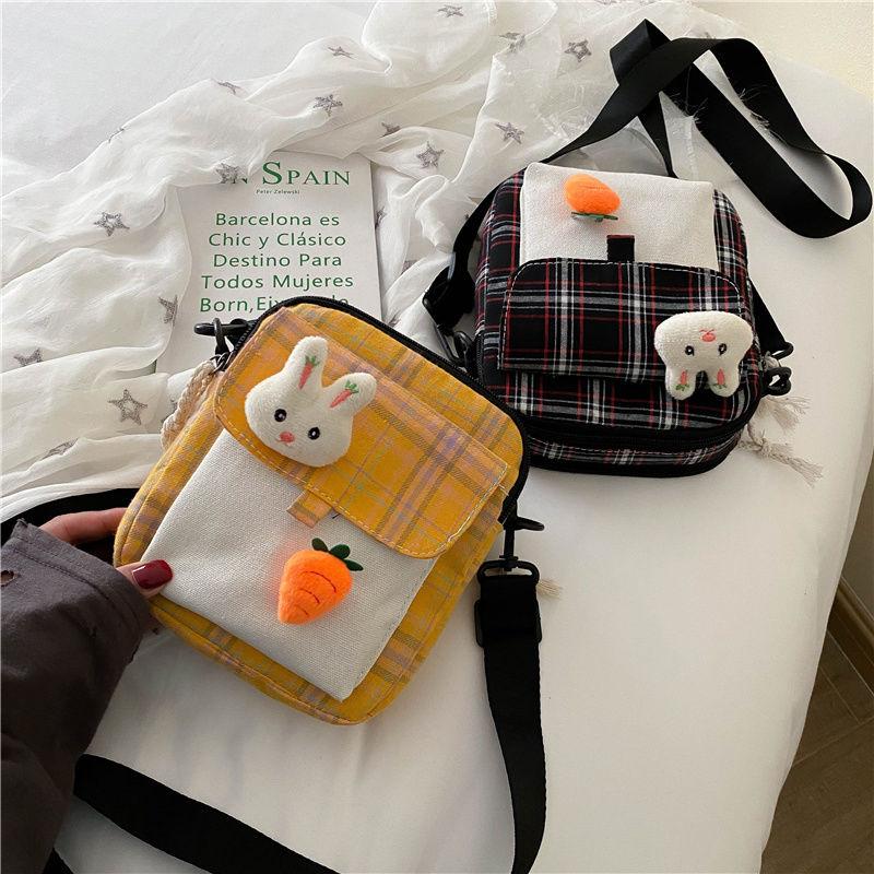 Canvas Bag All-Match Messenger Bag Cartoon Cute Plaid Shoulder Bag Fashion