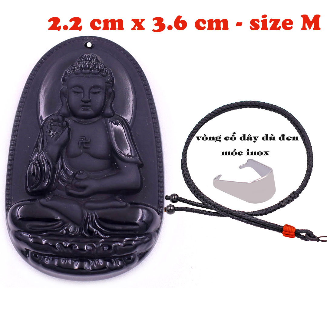 Mặt Phật A di đà đá thạch anh đen 3.6 cm kèm vòng cổ dây dù đen - mặt dây chuyền size M, Mặt Phật bản mệnh