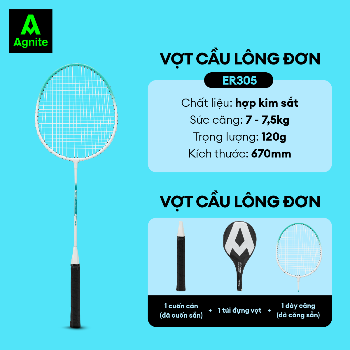 Vợt đơn giá rẻ Agnite, khung hợp kim, siêu bền đẹp, nhẹ, thiết kế rãnh sâu, đã được căng quấn cán sẵn, tặng túi đựng