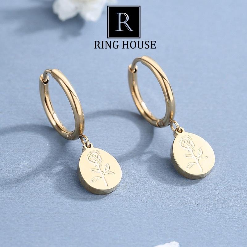 Khuyên Tai Bông Tai Nữ Titan Không Đen Gỉ Oval Cành Hoa Vàng Gold Đẹp