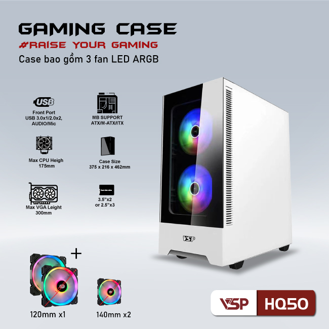 Vỏ máy tính Case VSP HQ50 [TRẮNG] sẵn 3 Fan LED ARGB Gaming Kính cường lực (ATX, Micro-ATX, ITX) - Hàng chính hãng Tech Vision phân phối