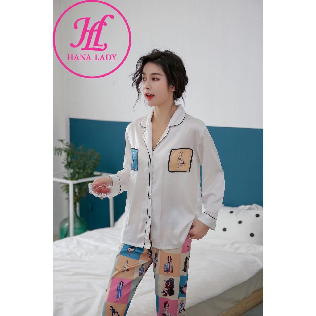 Pijama lụa nữ cao cấp, đồ ngủ mặc nhà họa tiết cô gái sang chảnh chuẩn form dáng cực xinh PJ053