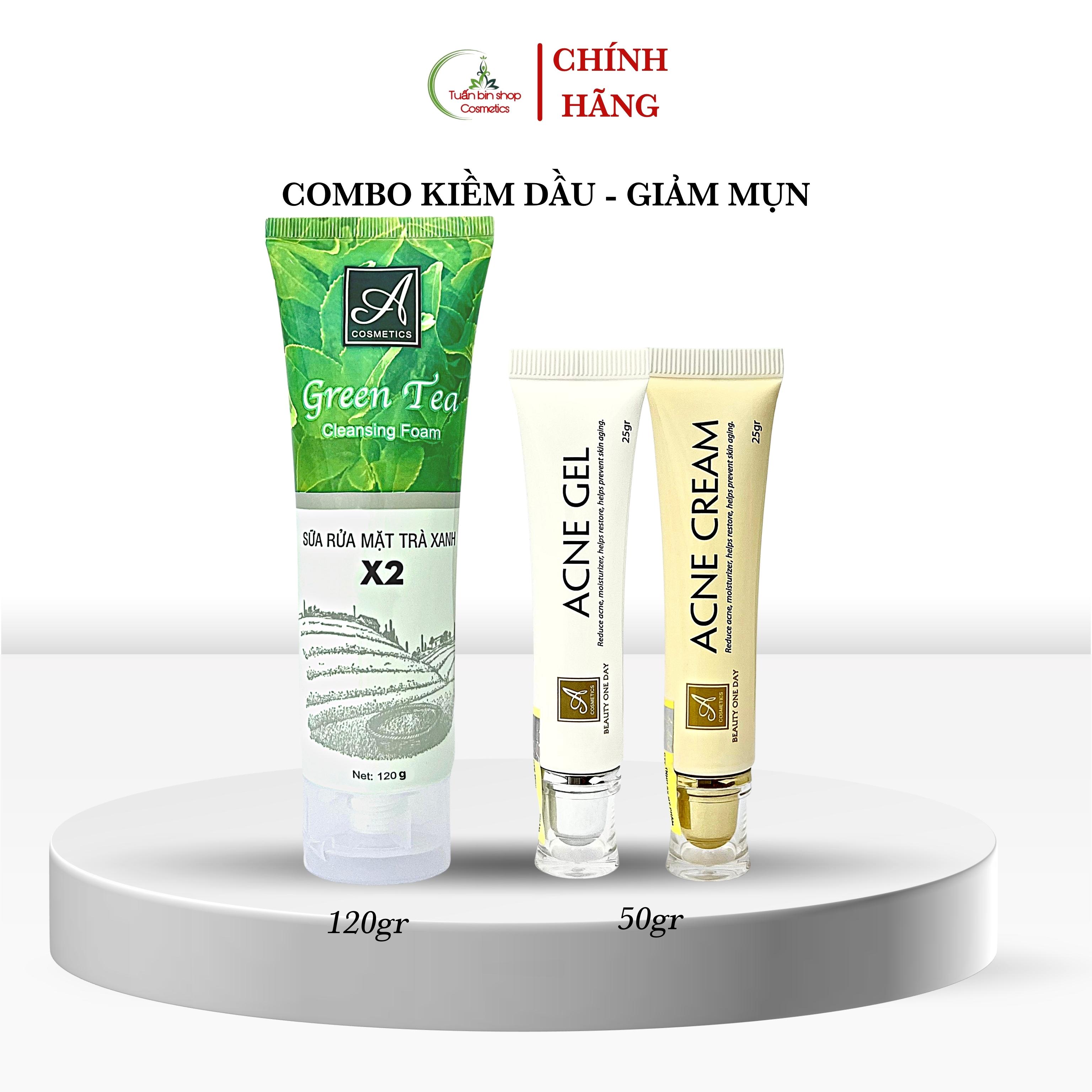 Combo kem giảm mụn, kiềm dầu Acosmetics, kem giảm mụn siêu tốc độ, sữa rửa mặt trà xanh x2 170g