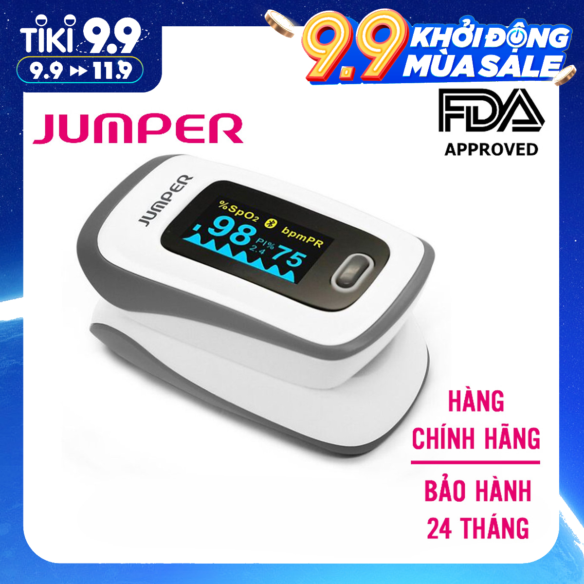 Máy đo nồng độ oxy máu và nhịp tim,chỉ số PI Jumper 500F (FDA Hoa Kỳ + xuất USA), Kết nối Bluetooth APP mobile, màn hình OLED